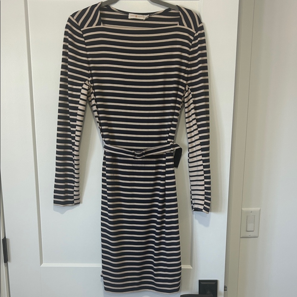 Tory Burch navy and White Striped Long Sleeve Dress medium